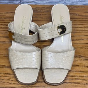 Salvatore Ferragamo Beige Croc Embossed Leather Slip On Stacked Heel Sandals 6